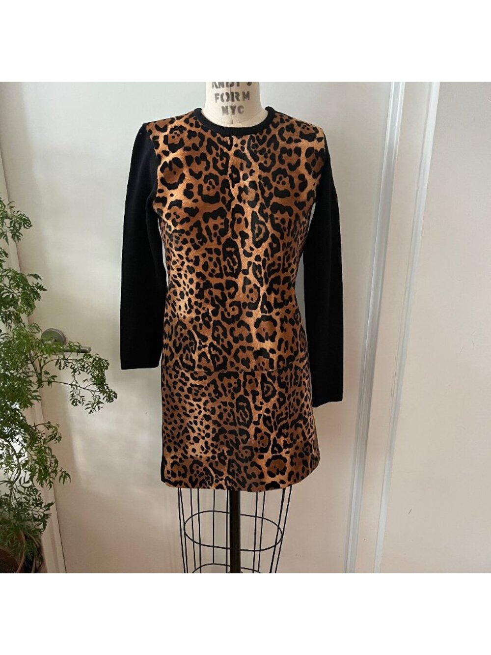 RALPH LAUREN‎ Black Label Wool and Leopard Print Leather Mini Dress Size Small